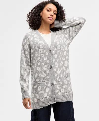 Hippie Rose Juniors' V-neck Button Front Teddy Long Cardigan In Gray