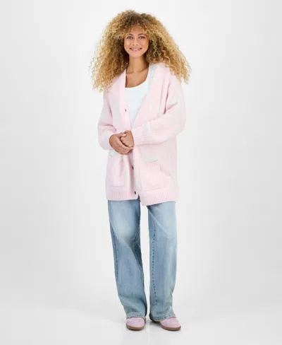 Hippie Rose Juniors' V-neck Button Front Teddy Long Cardigan In Pink