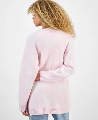 Hippie Rose Juniors' V-neck Button Front Teddy Long Cardigan In Pink