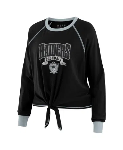 Wear By Erin Andrews Women's Black/gray Las Vegas Raiders Plus Size Tie-front Long Sleeve Top In Black