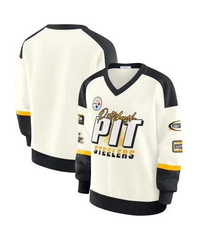 Wear By Erin Andrews Cream Pittsburgh Steelers Racing Crew V-neck Sweatshirt In White