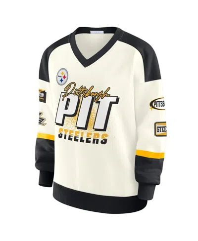 Wear By Erin Andrews Cream Pittsburgh Steelers Racing Crew V-neck Sweatshirt In White