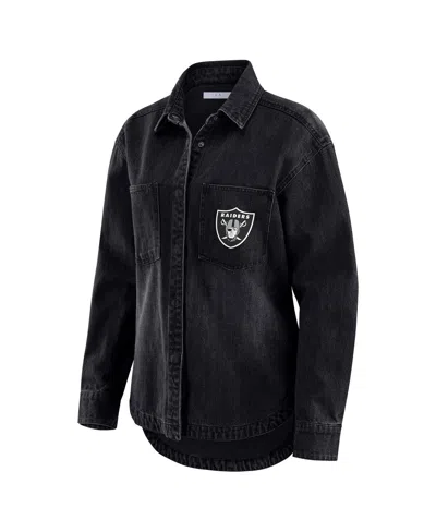 Wear By Erin Andrews Women's Black Las Vegas Raiders Washed Oversized Denim Full-snap Shacket In Black