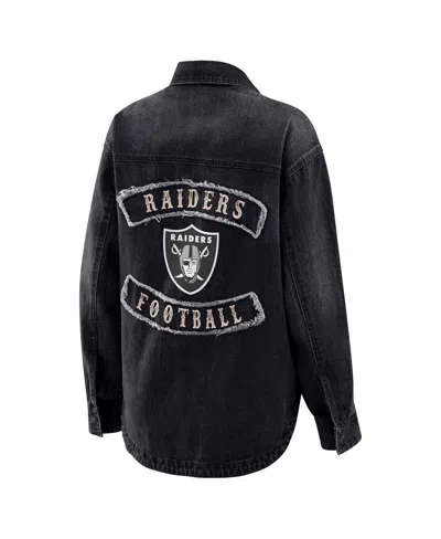 Wear By Erin Andrews Women's Black Las Vegas Raiders Washed Oversized Denim Full-snap Shacket In Black
