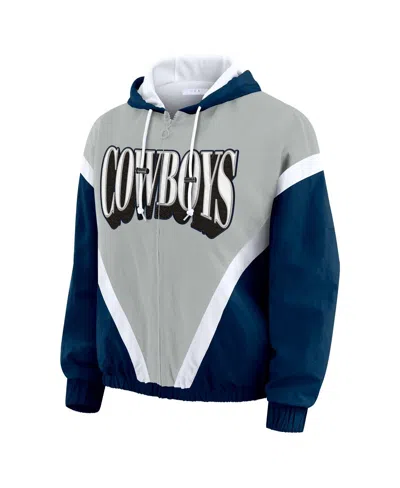 Wear By Erin Andrews Women's Navy/gray Dallas Cowboys Plus Size Retro Crinkle Full-zip Windbreaker Jacket In Blue