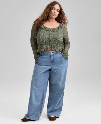 And Now This Trendy Plus Size Lace Ruffle-trim Crop Top, Macy's Exclusive In Green