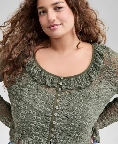 And Now This Trendy Plus Size Lace Ruffle-trim Crop Top, Macy's Exclusive In Green