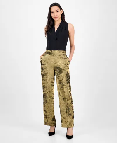 Anne Klein Womens Metallic Crepe High Rise Wide Leg Pants P Xxs 3x In Green