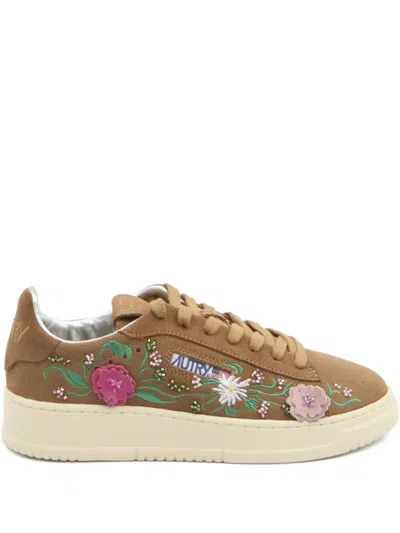 Autry Dallas Low Sneakers With Embroidered Floral Details In Brown