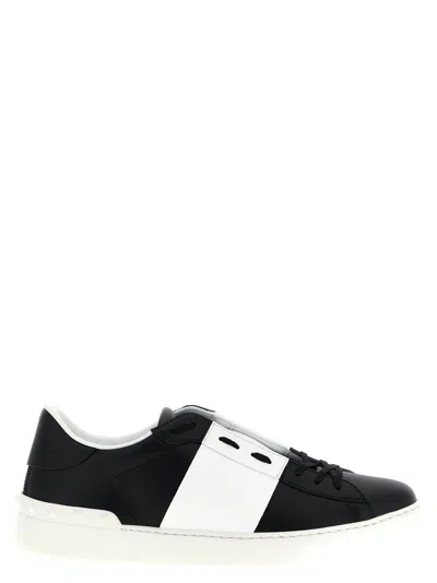 Valentino Garavani Black Leather Open Sneakers With White Band In Multi