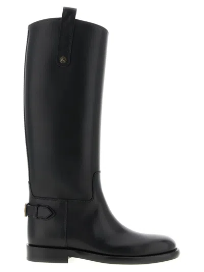 Burberry Women Black Boots With Side Logo Plaque In Leather Woman In Black