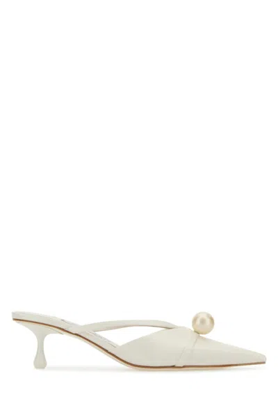 Jimmy Choo Satin Mules With Pearl Detail And Kitten Heel In White