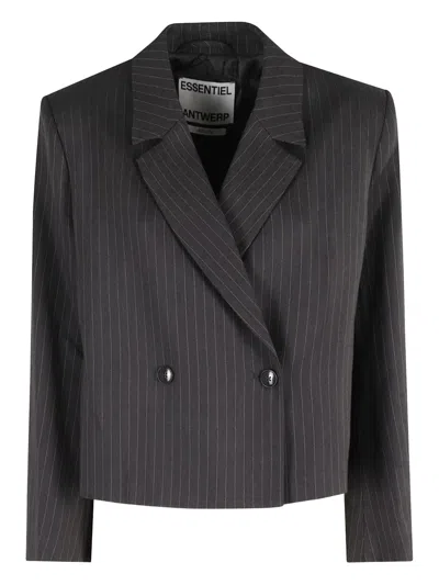 Essentiel Antwerp Pinstripe Double-breasted Cropped Blazer In Black
