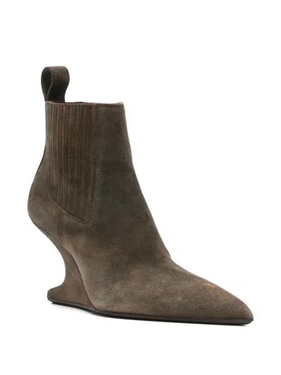 Rick Owens Sculptural Suede Ankle Boots With Pointed Toe In Green
