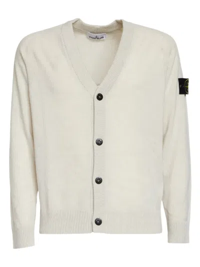 Stone Island Ivory Geelong Wool Cardigan With V-neck In Pattern