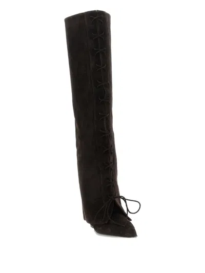 Paris Texas Knee High Lace Up Suede Boots In Brown