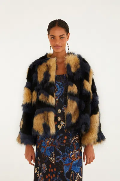 Farm Rio Multicolor Faux Fur Coat In Black