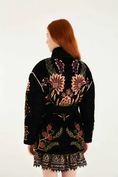 Farm Rio Padded Velvet Jacket With Floral And Bird Embroidery In Black