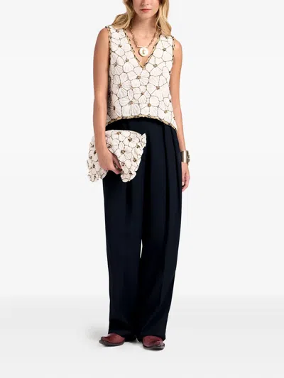 La Doublej Embroidered V Neck Scala Top Crystal Chiffon Embroidery In White