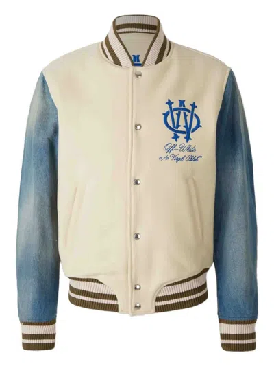 Off-white Ivory Bomber Jacket With Denim Sleeves In Multi