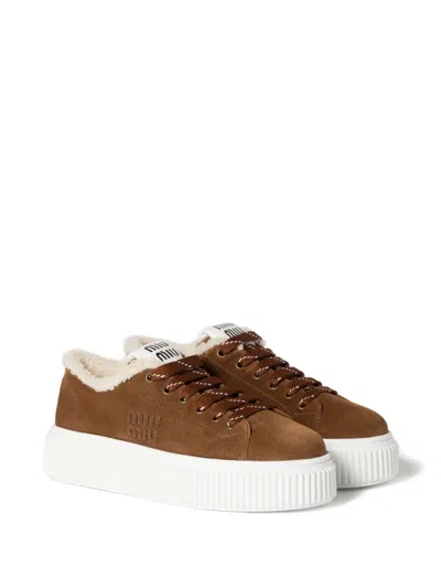 Miu Miu Suede And Shearling Sneakers In Brown
