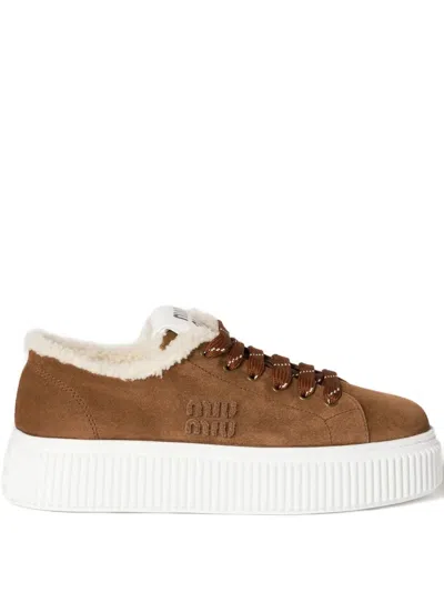 Miu Miu Suede And Shearling Sneakers In Brown
