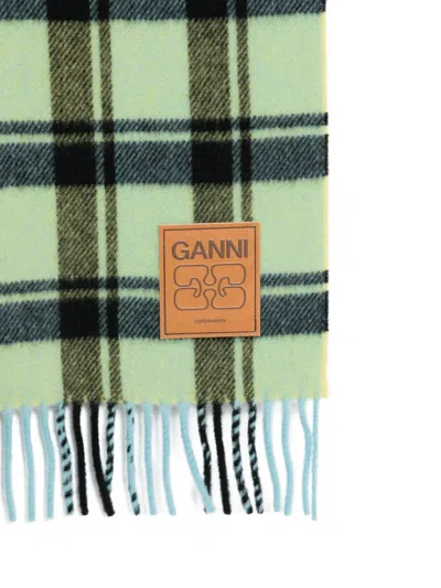 Ganni Reversible Wool Scarf Check Pattern In Green