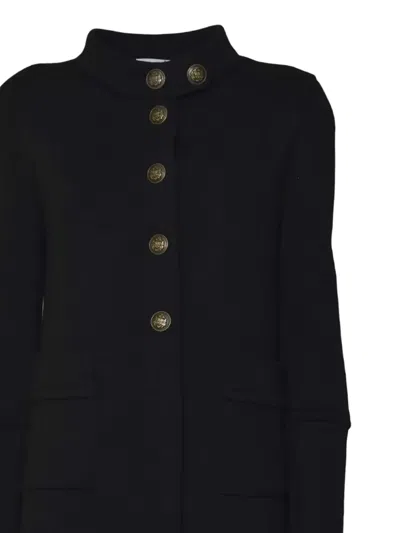 Charlott Long Black Wool Coat With Decorative Buttons And High Collar In Black