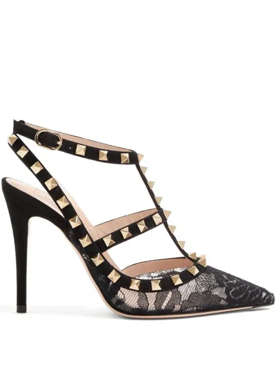Valentino Rockstud 100 Lace And Suede Pumps In Black