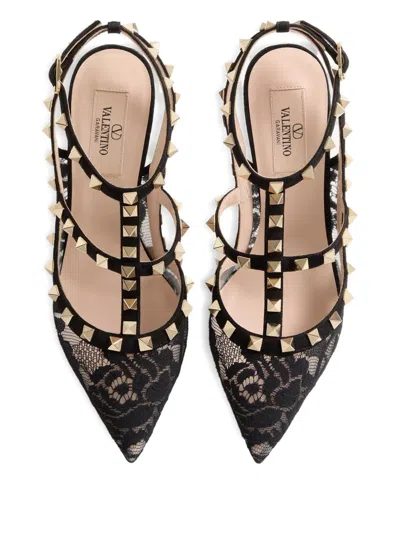 Valentino Rockstud 100 Lace And Suede Pumps In Black