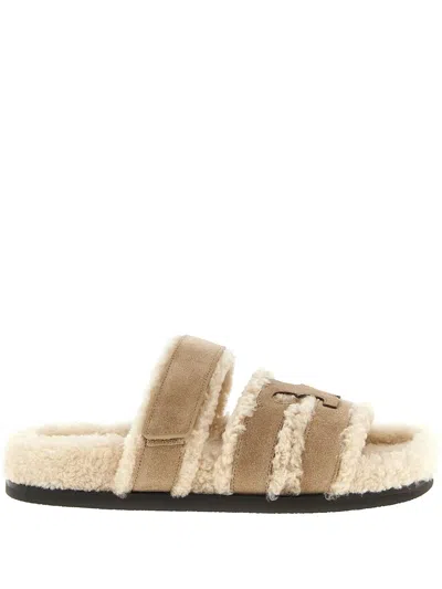Tory Burch Ines Shearling Sport Slide Sandals In Neutral