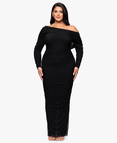 Betsy & Adam Plus "hannah" Mesh Rouching Drop Shoulder Long Sleeve Dress In Black