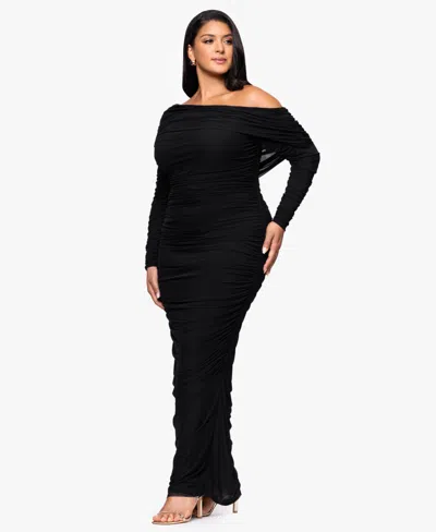 Betsy & Adam Plus "hannah" Mesh Rouching Drop Shoulder Long Sleeve Dress In Black