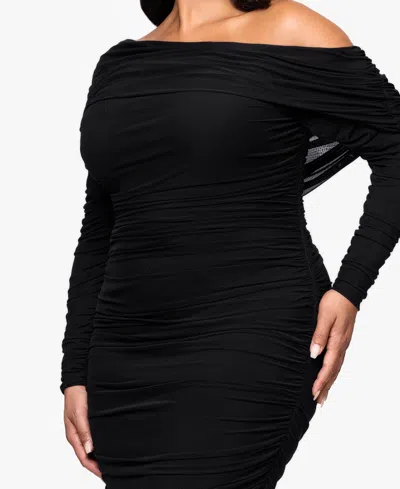 Betsy & Adam Plus "hannah" Mesh Rouching Drop Shoulder Long Sleeve Dress In Black