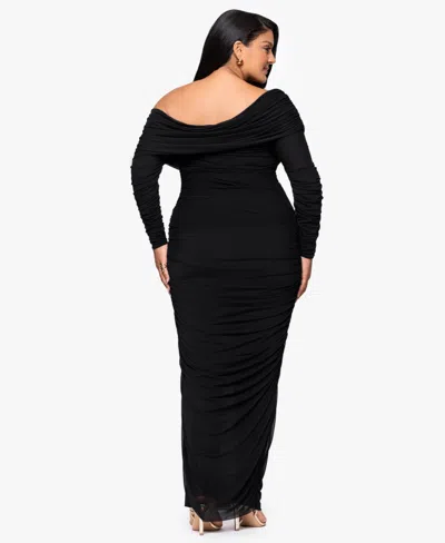 Betsy & Adam Plus "hannah" Mesh Rouching Drop Shoulder Long Sleeve Dress In Black