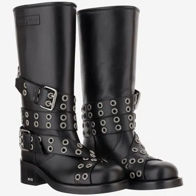 Mach &amp; Mach Leather Combat Boots With Straps And Eyelets In Black