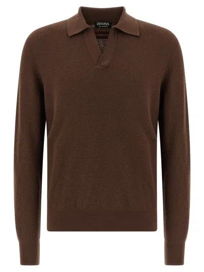 Zegna Cashmere Jacquard Long Sleeve Polo In Brown