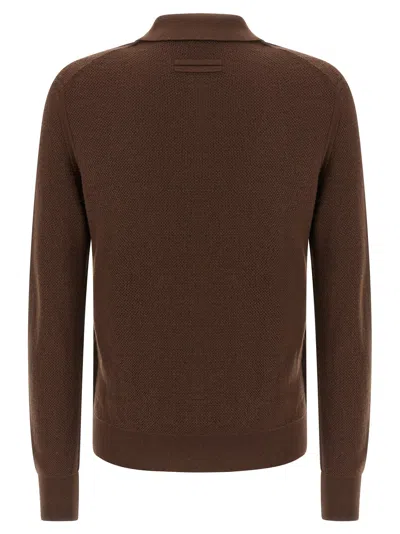 Zegna Cashmere Jacquard Long Sleeve Polo In Brown