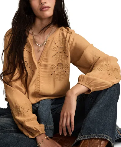 Lucky Brand Schiffli Lace Accent Peasant Top In Brown