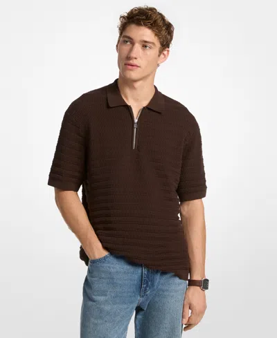 Michael Kors Textured Zip Polo In Brown