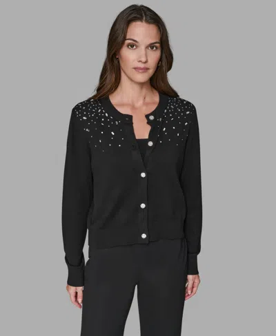 Karl Lagerfeld Jeweled Short Cardigan In Black