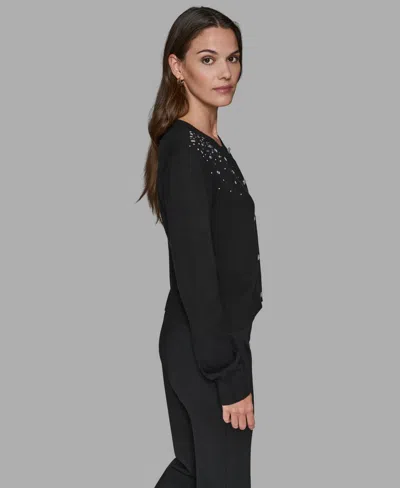 Karl Lagerfeld Jeweled Short Cardigan In Black