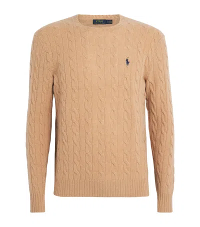 Polo Ralph Lauren Beige Cable Knit Crewneck Sweater With Pony Embroidery On The Front In Wool And Cashmere Man In Brown