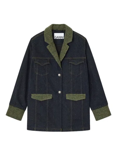 Ganni Melange Twill Denim Oversized Blazer In Blue