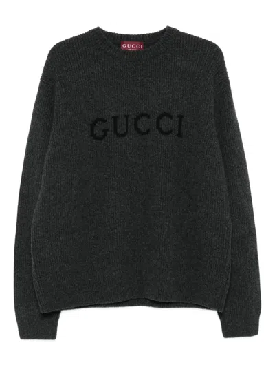 Gucci Grey Crewneck Sweater With Logo Lettering Embroidery On The Front In Wool Man In Gray