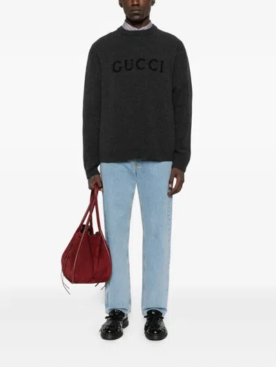 Gucci Grey Crewneck Sweater With Logo Lettering Embroidery On The Front In Wool Man In Gray