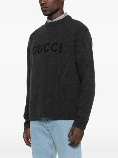 Gucci Grey Crewneck Sweater With Logo Lettering Embroidery On The Front In Wool Man In Gray
