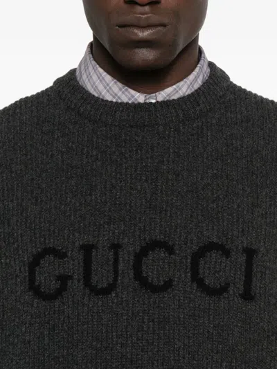 Gucci Grey Crewneck Sweater With Logo Lettering Embroidery On The Front In Wool Man In Gray