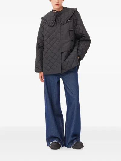 Ganni Ruffled Quilted Jacket In Blue | ModeSens