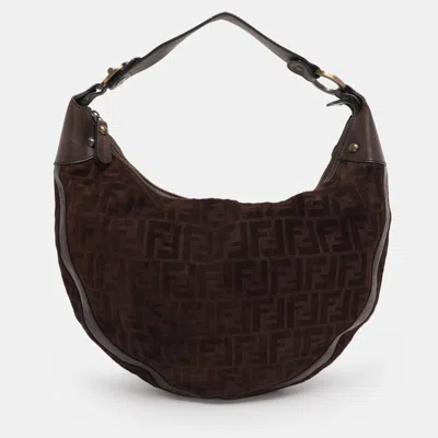 Pre-owned Fendi Brown Ff Logo Suede Hobo